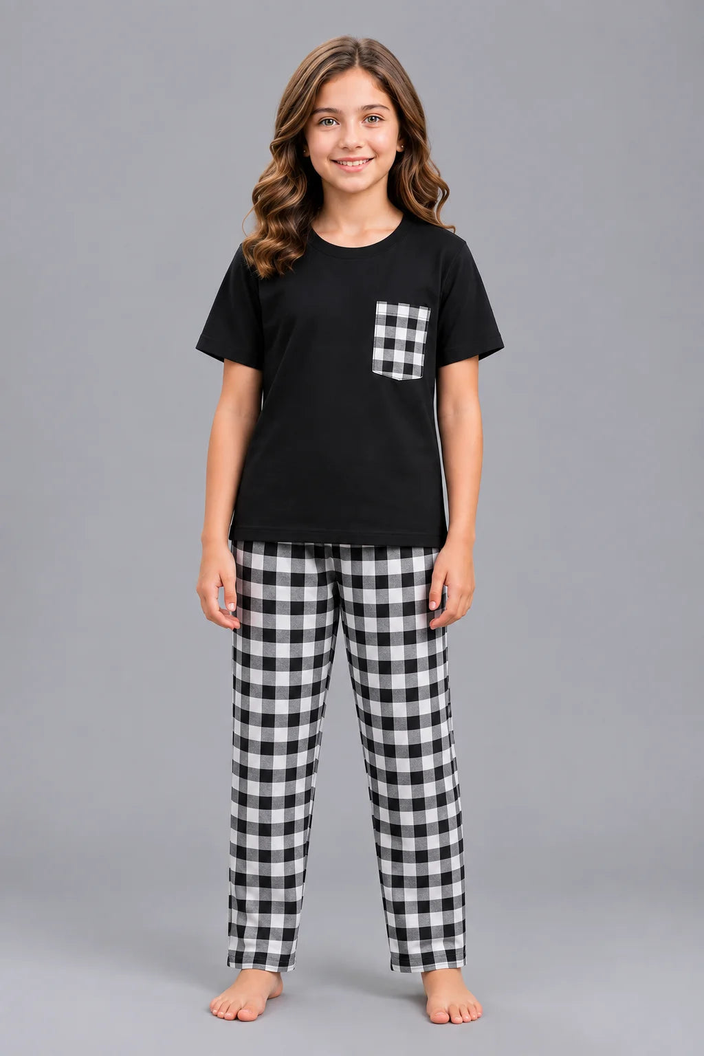 Girls Black & White Checkered Night Suit