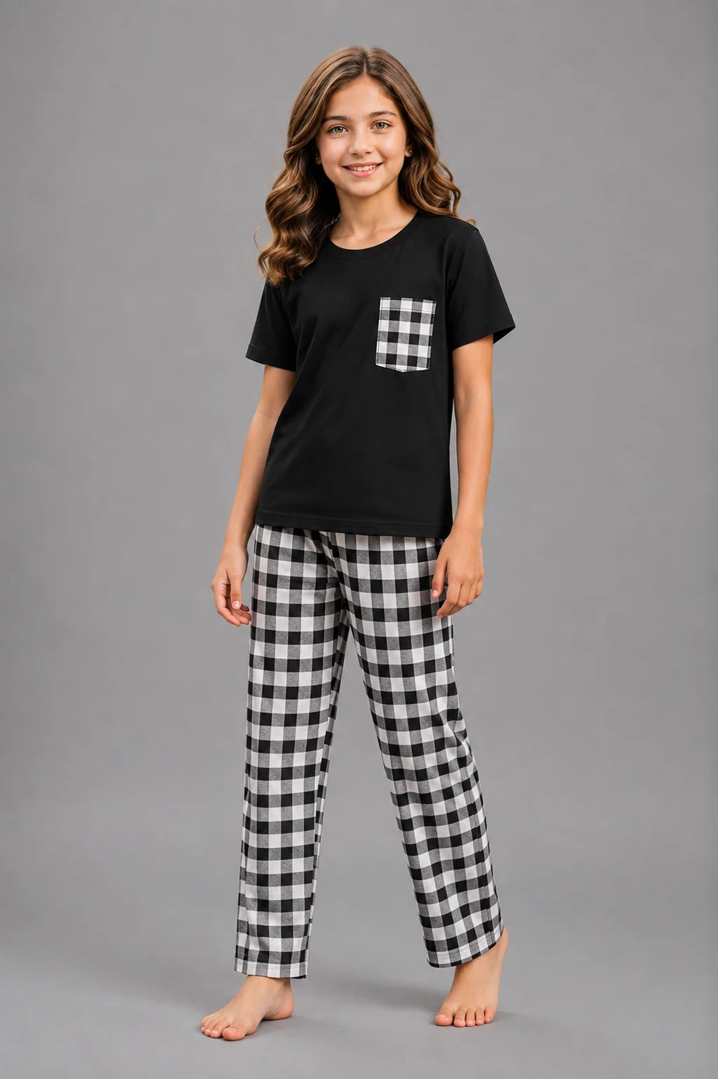 Girls Black & White Checkered Night Suit