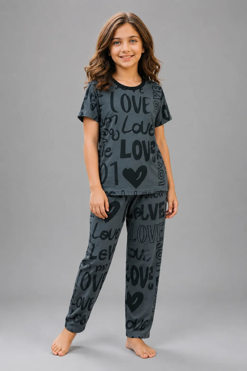 Girls' Charcoal Grey Love Print Night Suit