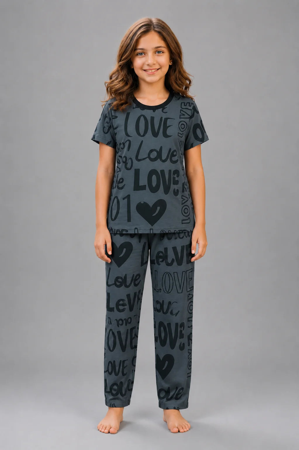 Girls' Charcoal Grey Love Print Night Suit