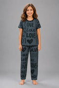 Girls' Charcoal Grey Love Print Night Suit