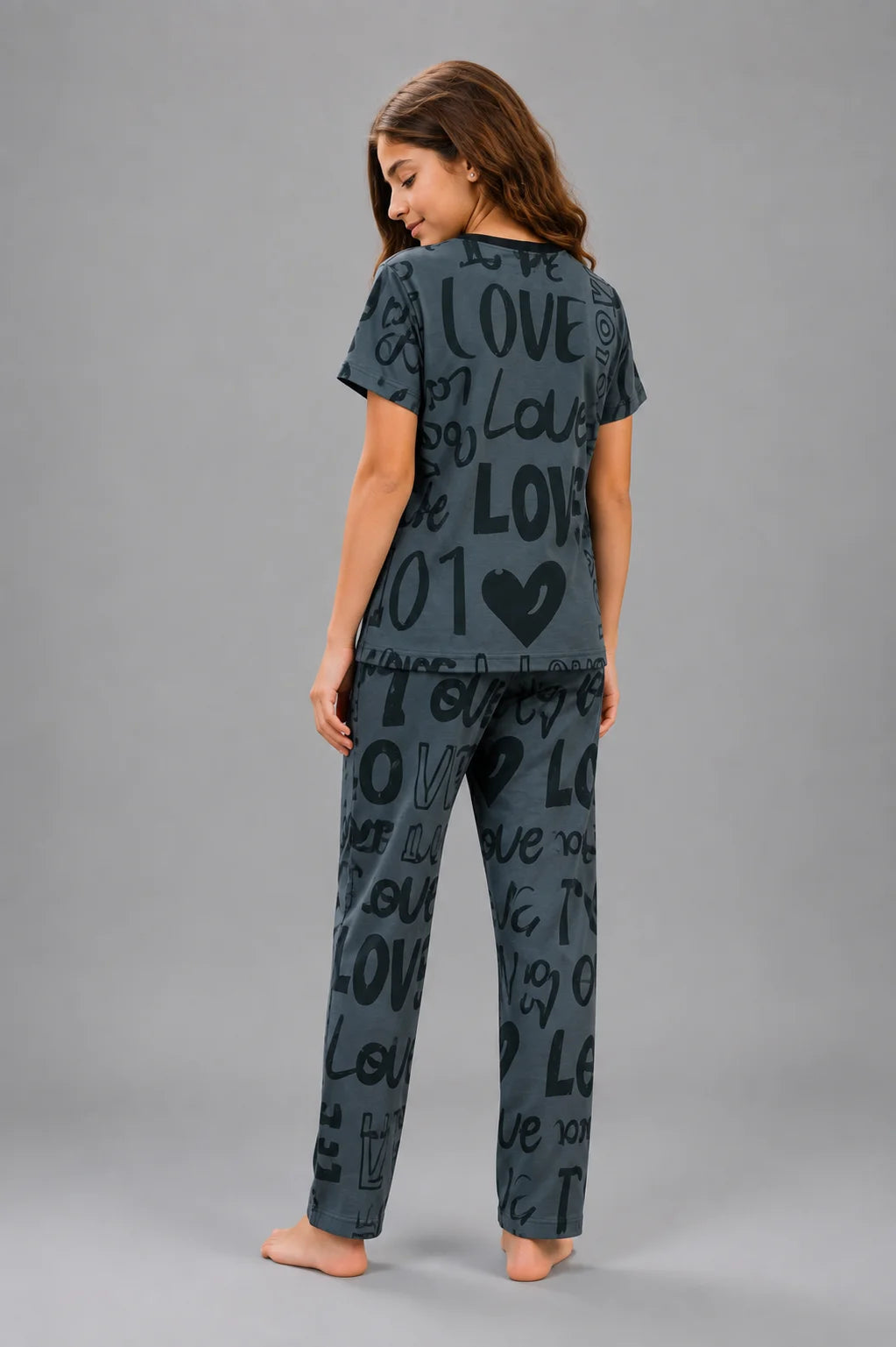 Girls' Charcoal Grey Love Print Night Suit
