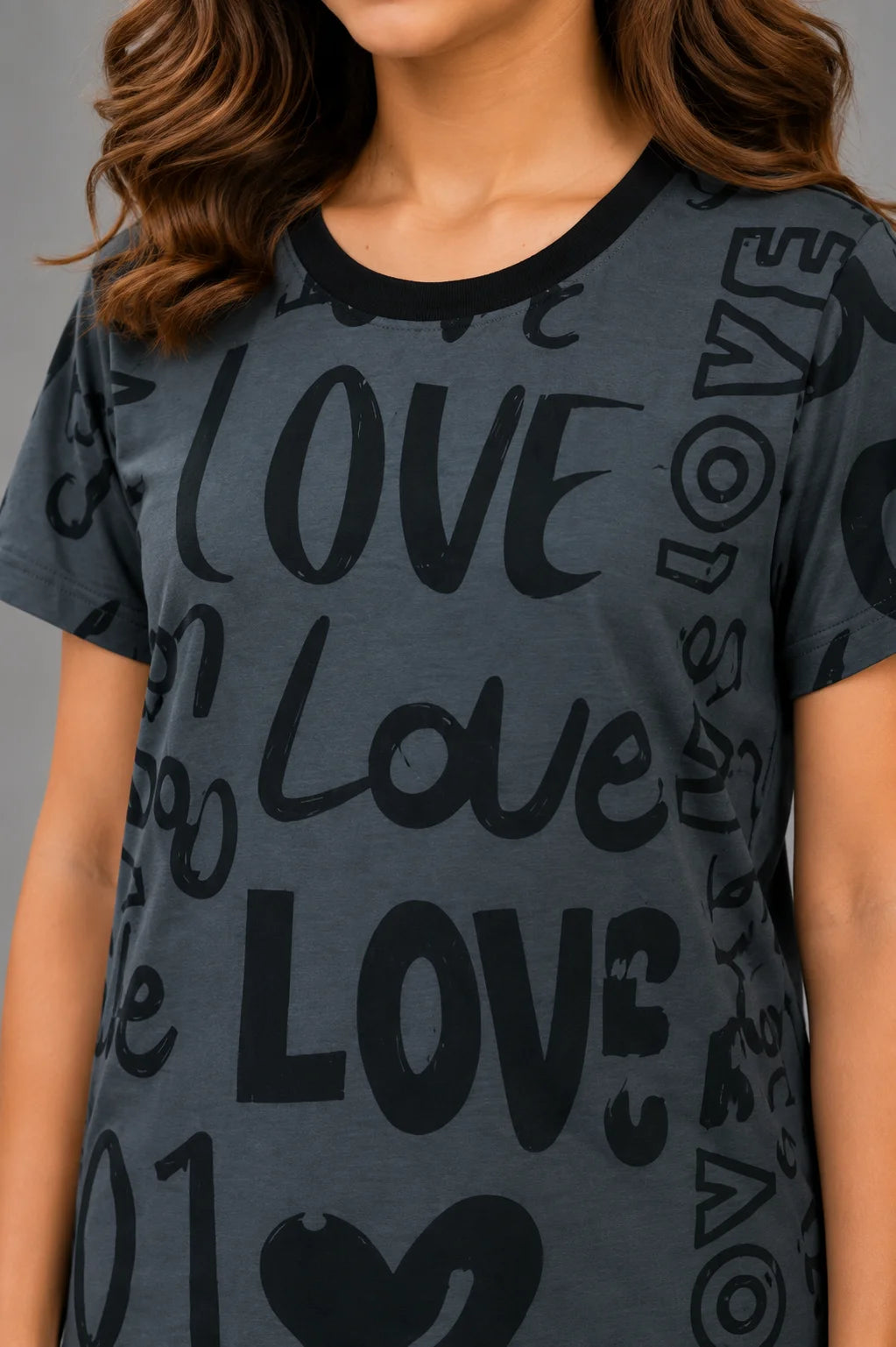 Girls' Charcoal Grey Love Print Night Suit