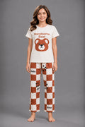 Girls' Cream Bear Print Checkered Night Suit