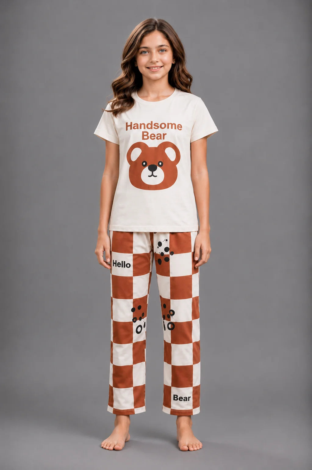 Girls' Cream Bear Print Checkered Night Suit