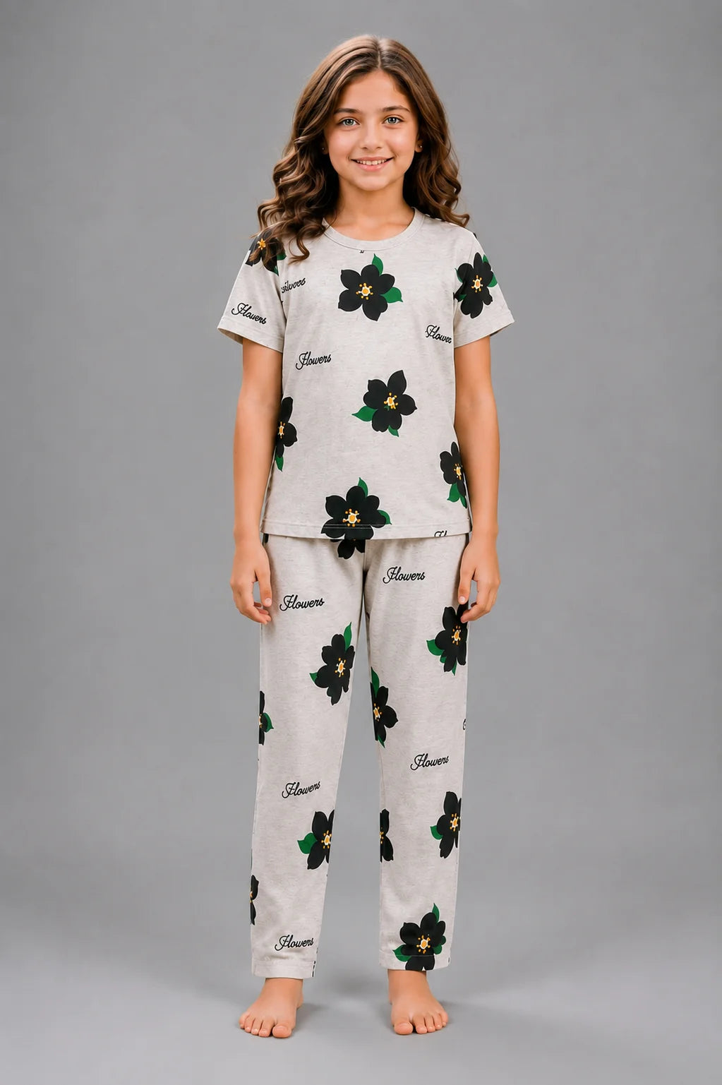 Girls' Light Grey Flower Print Night Suit