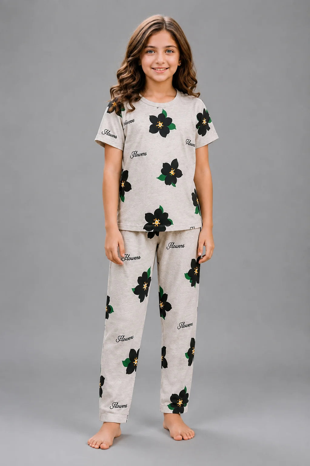Girls' Light Grey Flower Print Night Suit