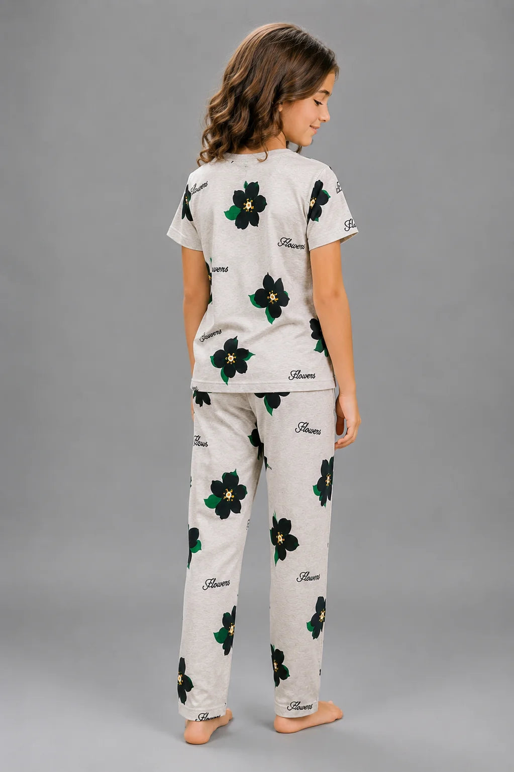 Girls' Light Grey Flower Print Night Suit