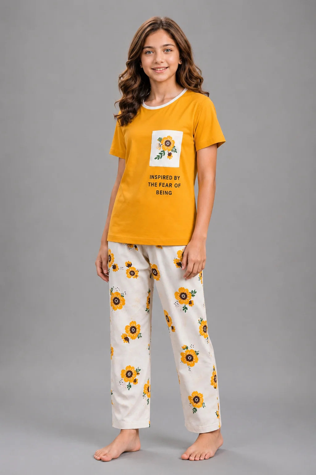 Girls Mustard Yellow & White Sunflower Print Night Suit