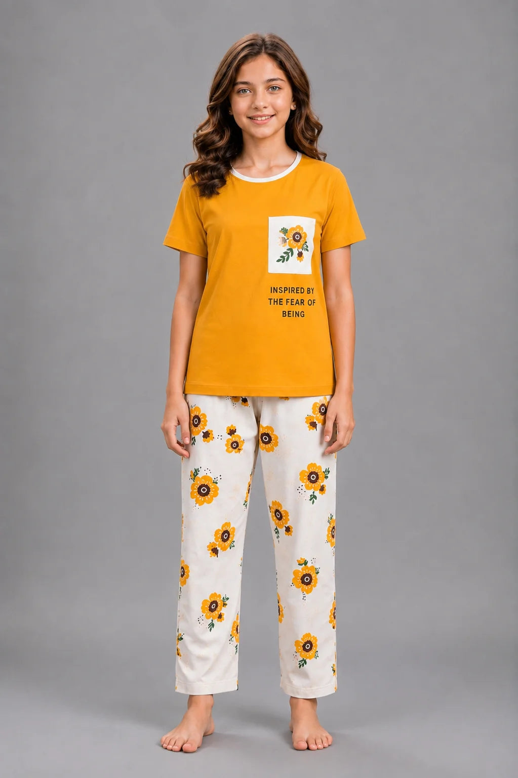 Girls Mustard Yellow & White Sunflower Print Night Suit
