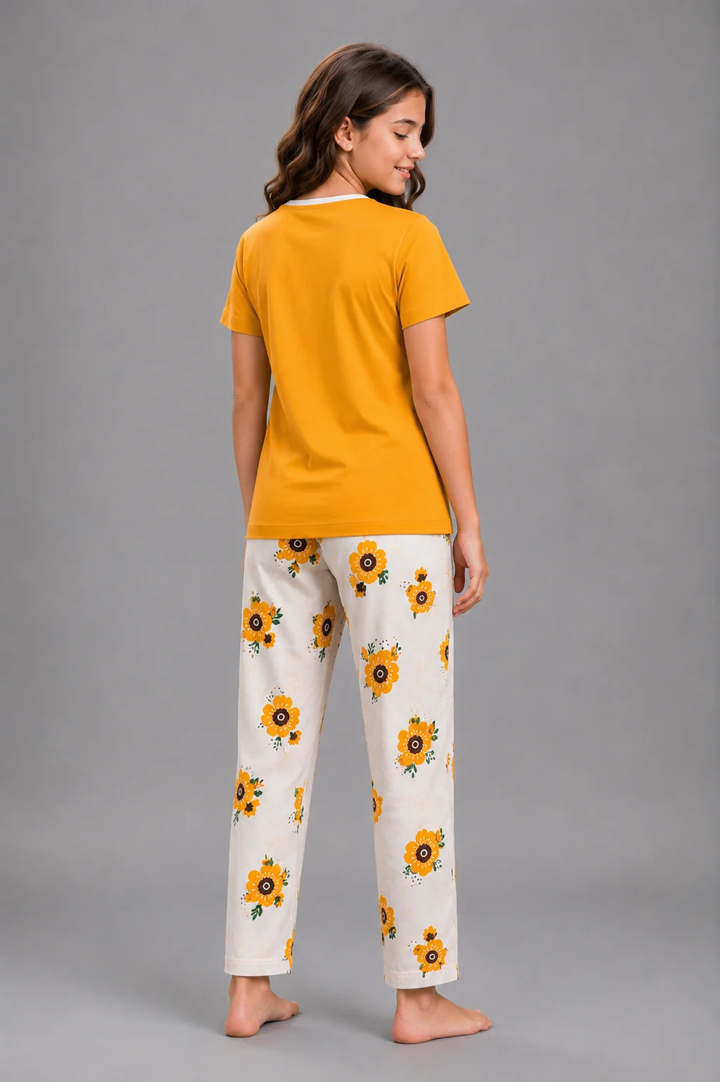 Girls Mustard Yellow & White Sunflower Print Night Suit