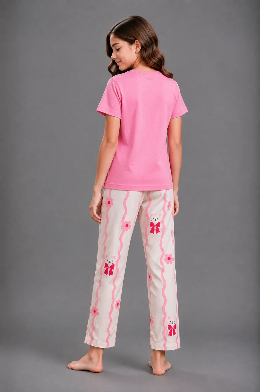 Girls' Pink and Cream Teddy Bear Flower Print Night Suit