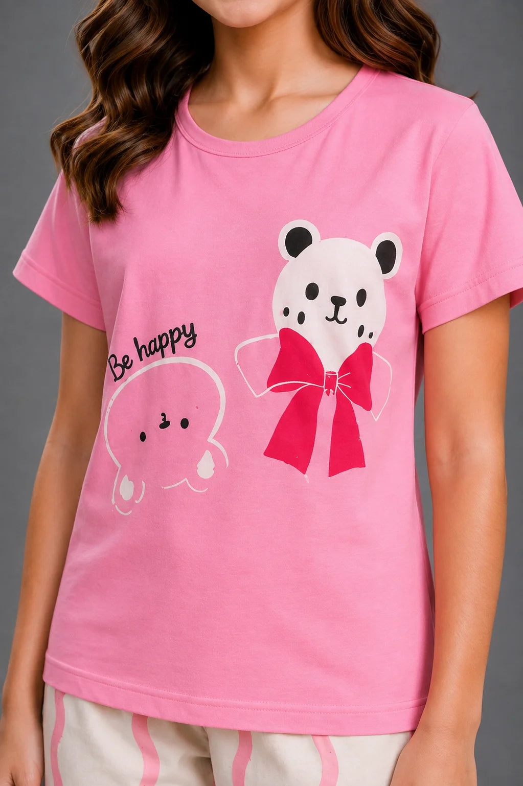 Girls' Pink and Cream Teddy Bear Flower Print Night Suit
