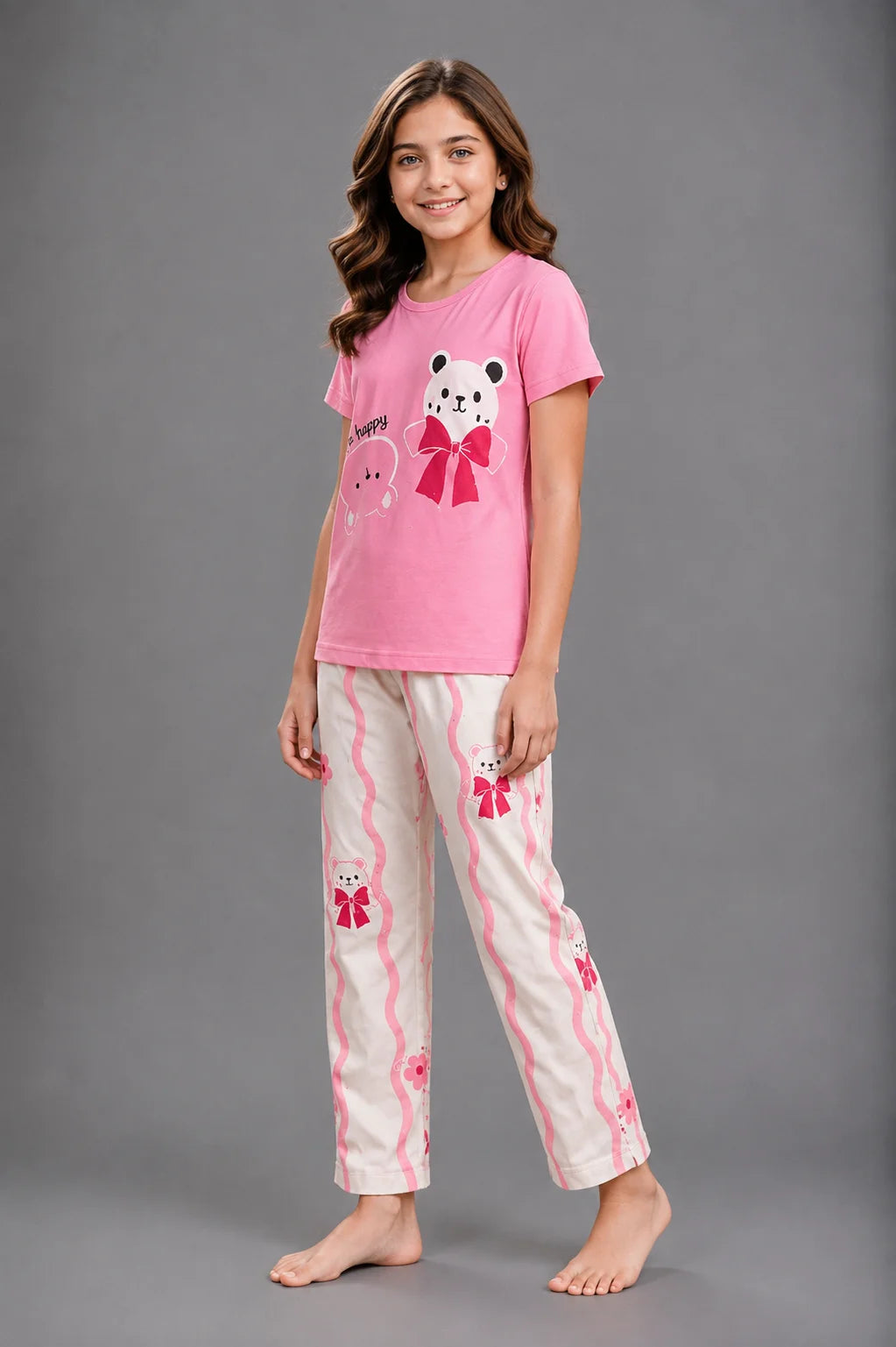 Girls' Pink and Cream Teddy Bear Flower Print Night Suit