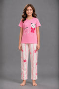 Girls' Pink and Cream Teddy Bear Flower Print Night Suit