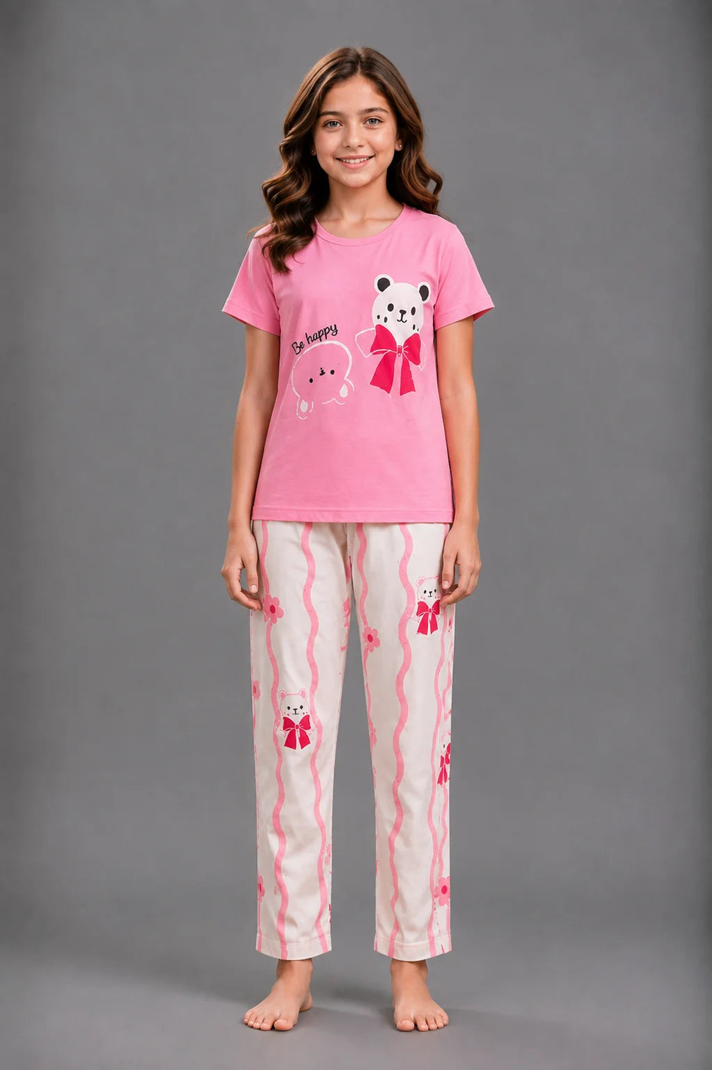 Girls' Pink and Cream Teddy Bear Flower Print Night Suit