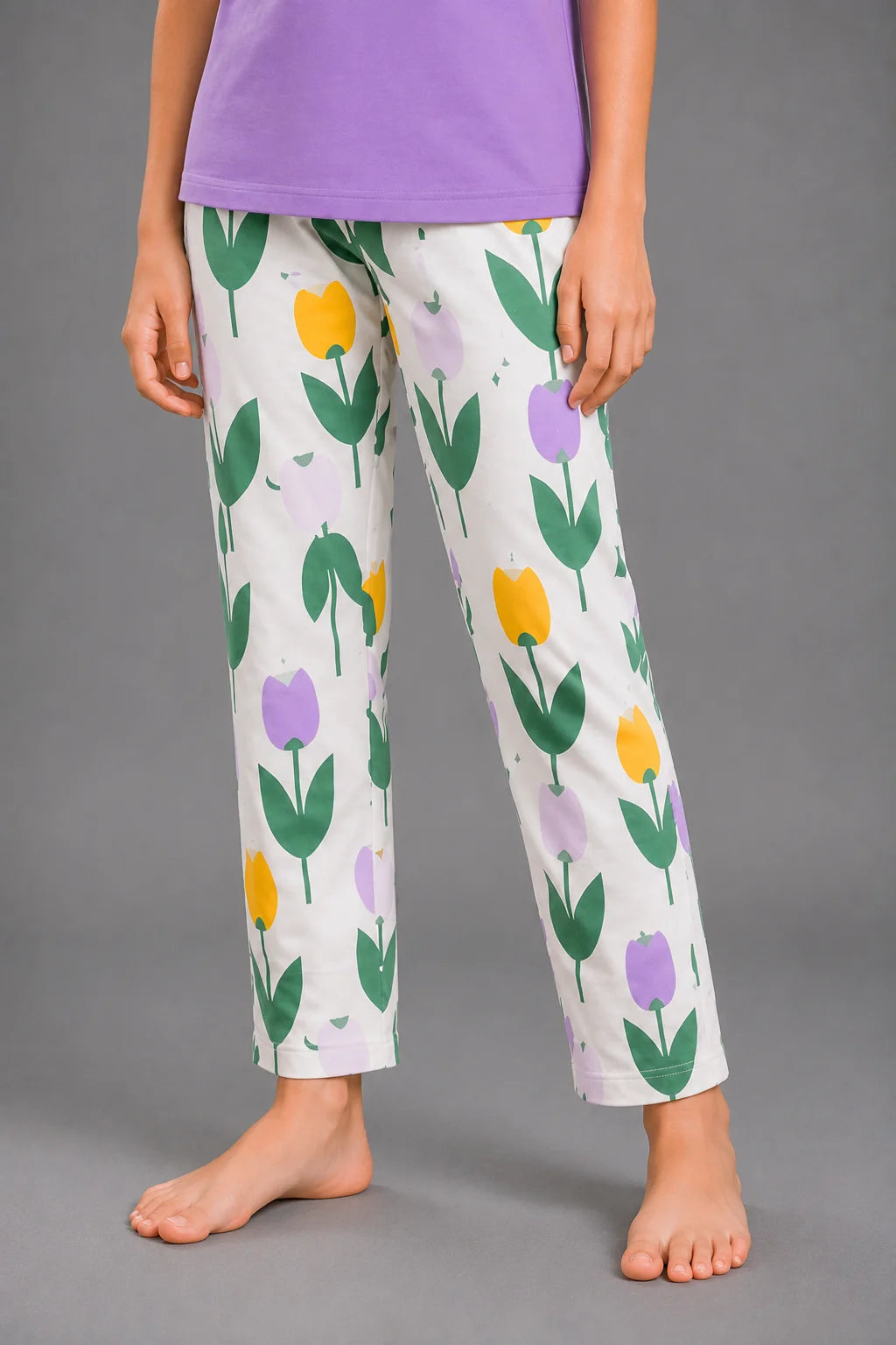 Girls' Purple Bunny and Tulip Print Night Suit