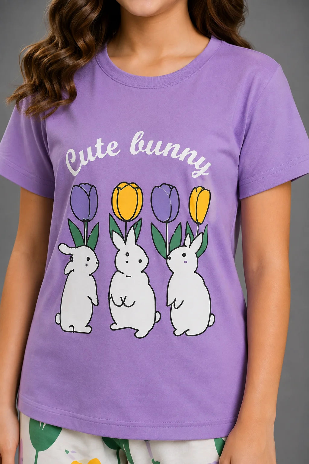Girls' Purple Bunny and Tulip Print Night Suit