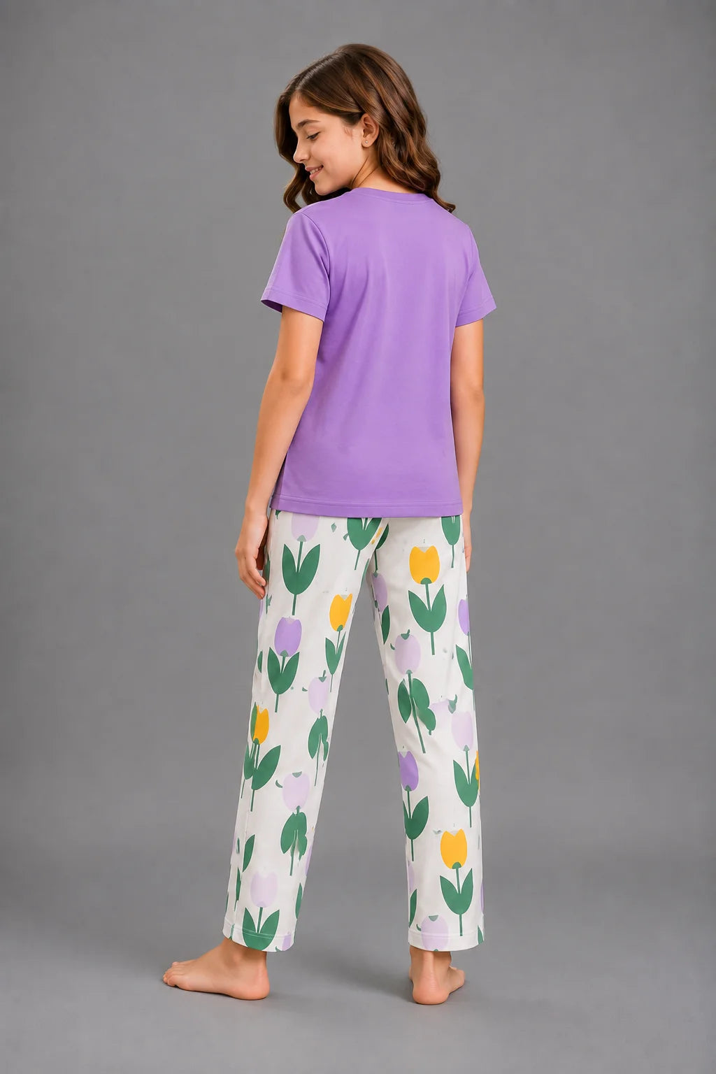Girls' Purple Bunny and Tulip Print Night Suit