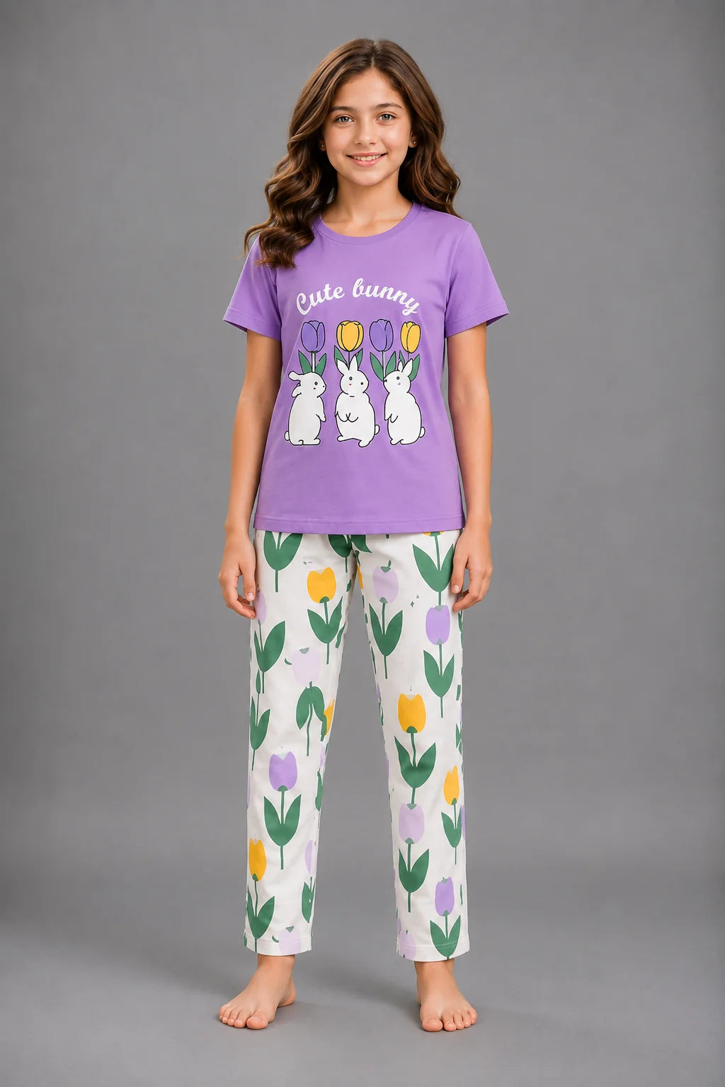 Girls' Purple Bunny and Tulip Print Night Suit
