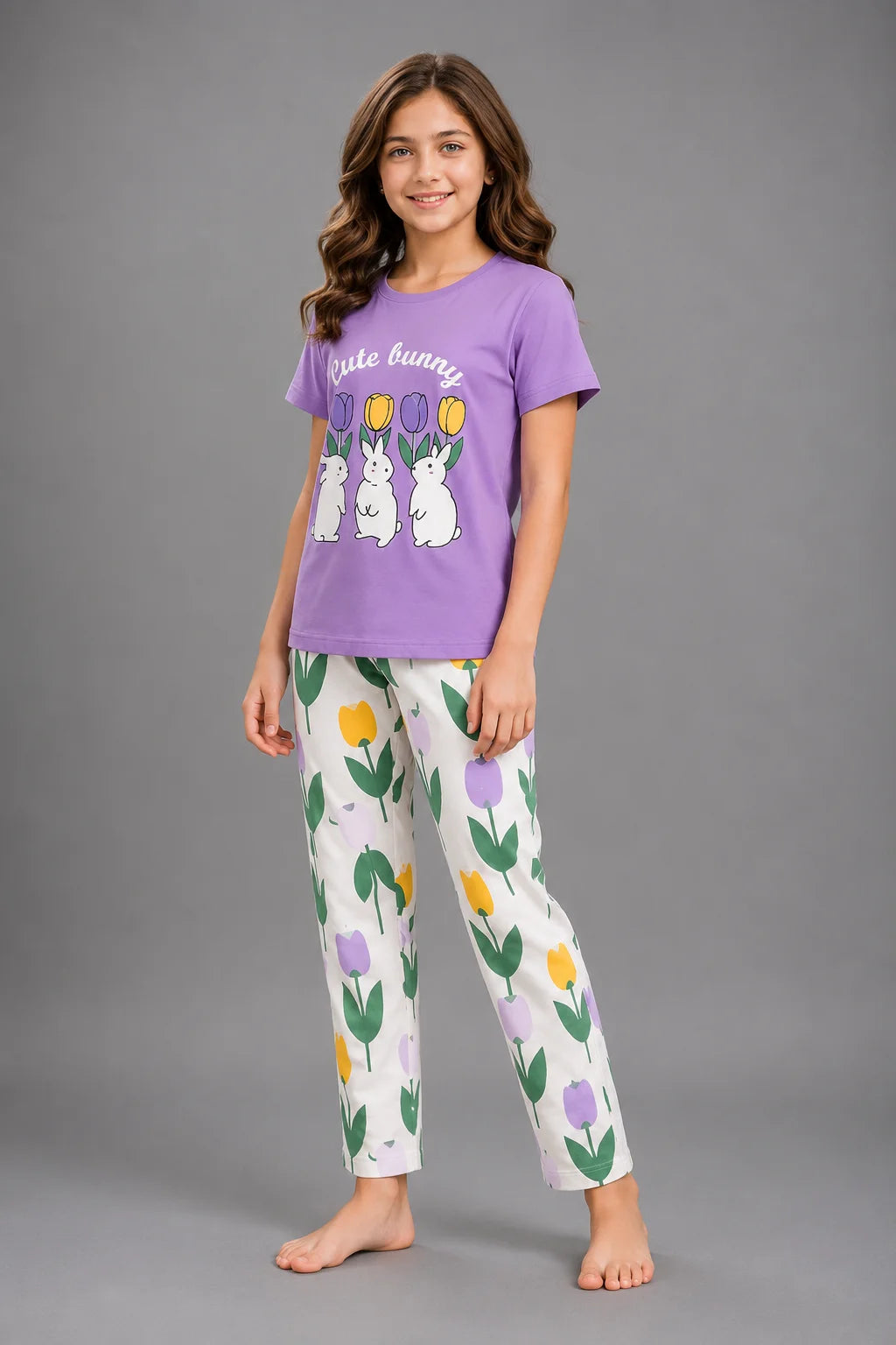 Girls' Purple Bunny and Tulip Print Night Suit