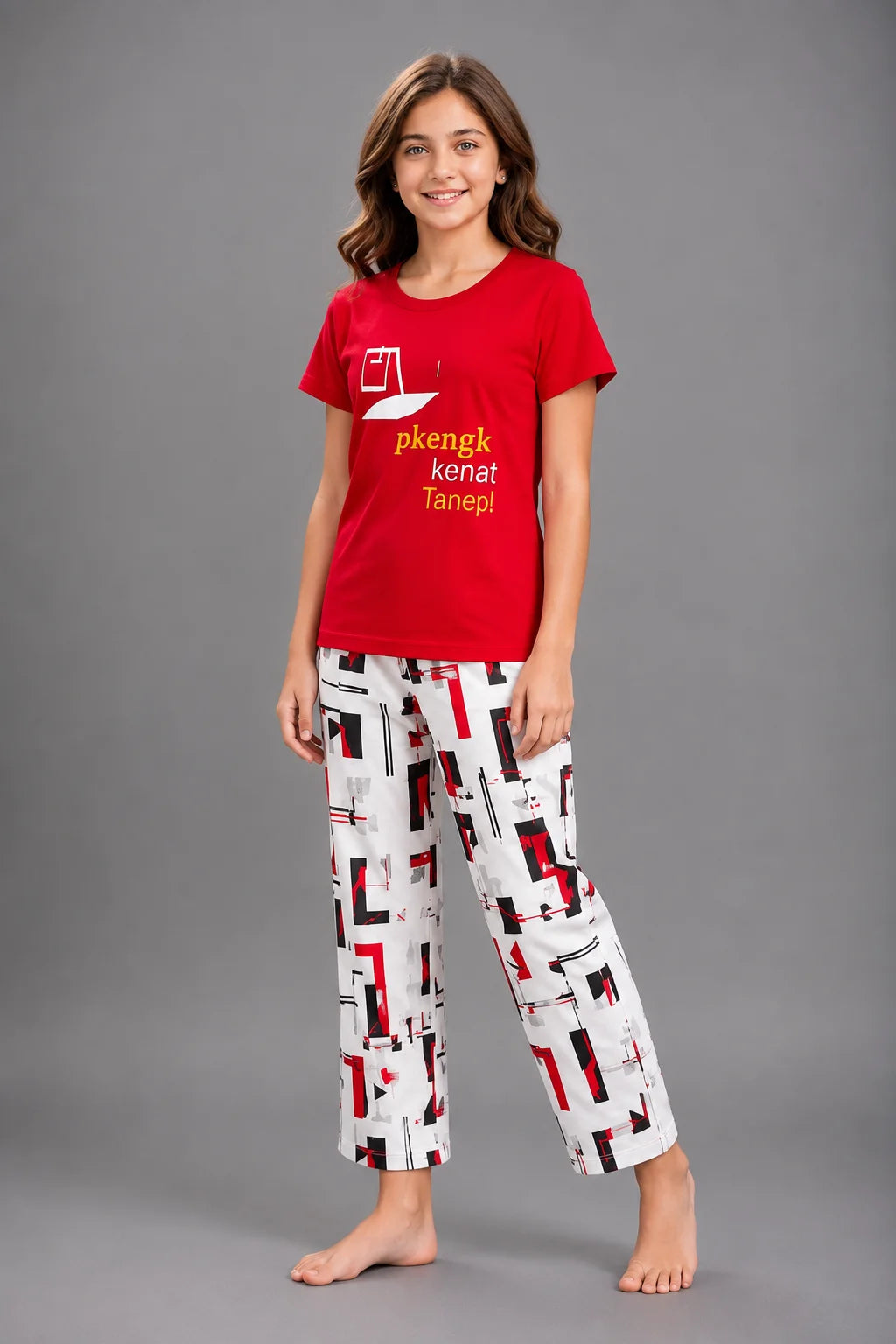 Girls' Red Graphic Top Geometric Print Night Suit