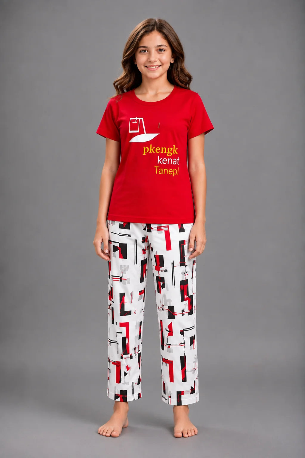 Girls' Red Graphic Top Geometric Print Night Suit