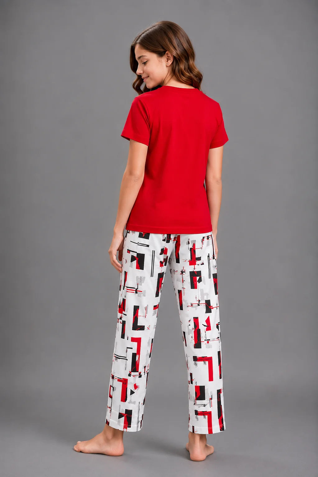 Girls' Red Graphic Top Geometric Print Night Suit