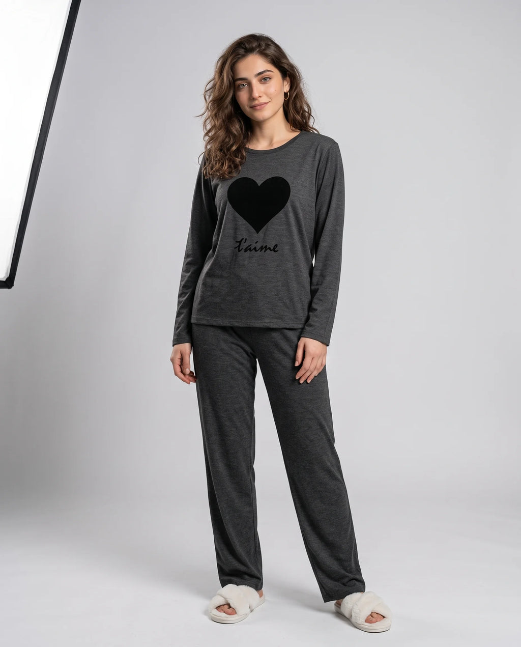 Women's Dark Grey Heart Print Night Suit