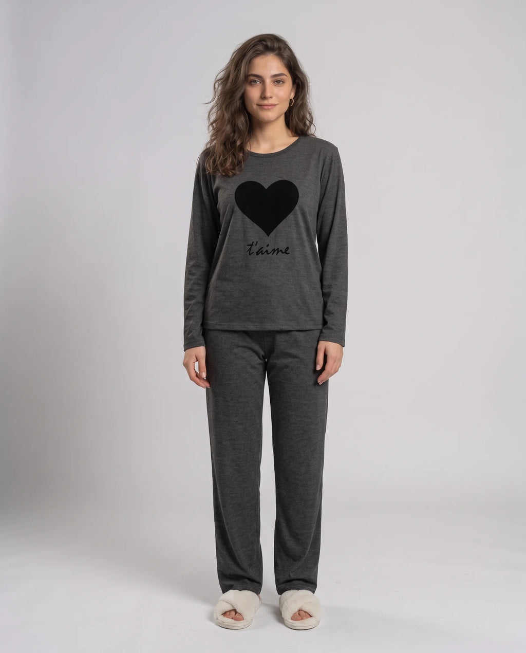 Women's Dark Grey Heart Print Night Suit