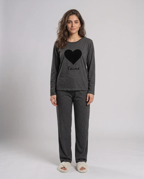 Women's Dark Grey Heart Print Night Suit