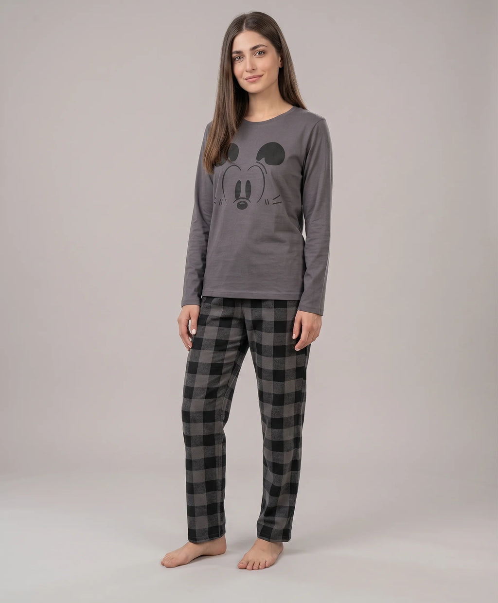 Women's Grey Mickey Mouse Print Night Suit