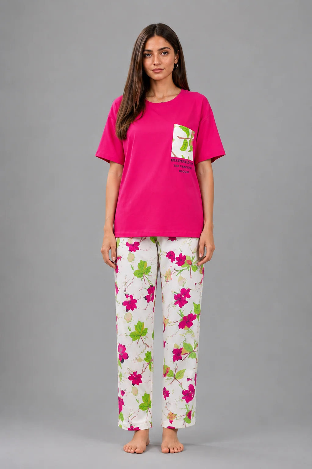 Women's Hot Pink Floral Print Cotton Jersey Night Suit