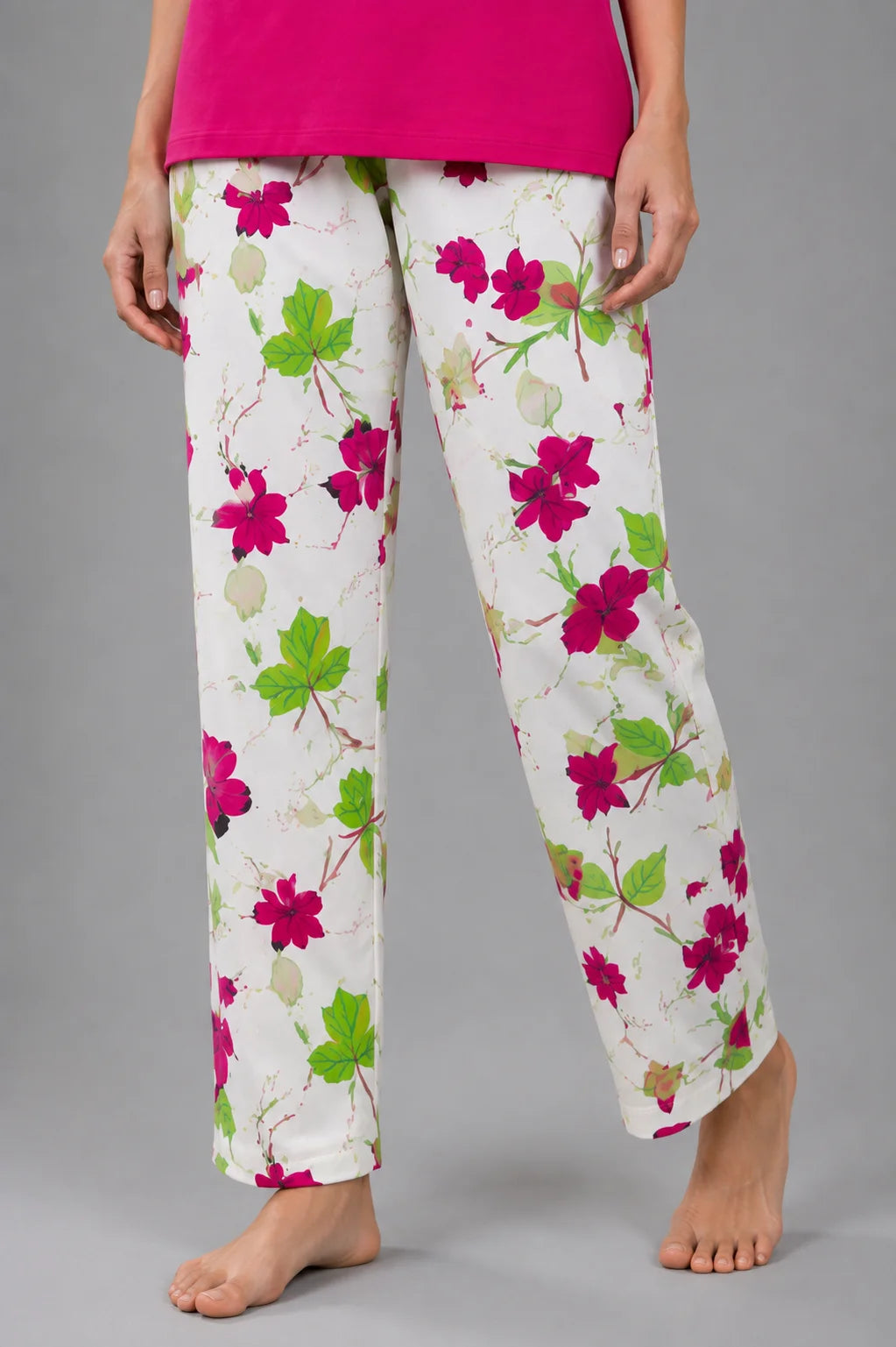 Women's Hot Pink Floral Print Cotton Jersey Night Suit