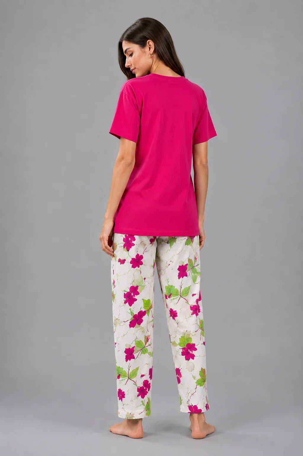 Women's Hot Pink Floral Print Cotton Jersey Night Suit