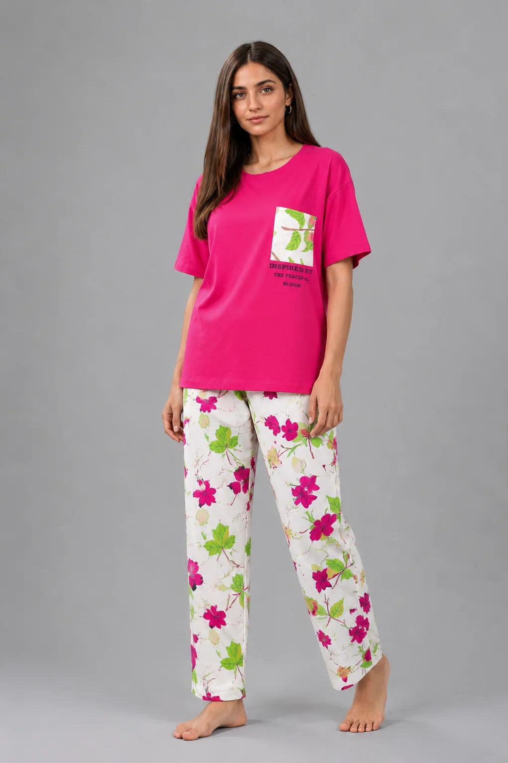 Women's Hot Pink Floral Print Cotton Jersey Night Suit