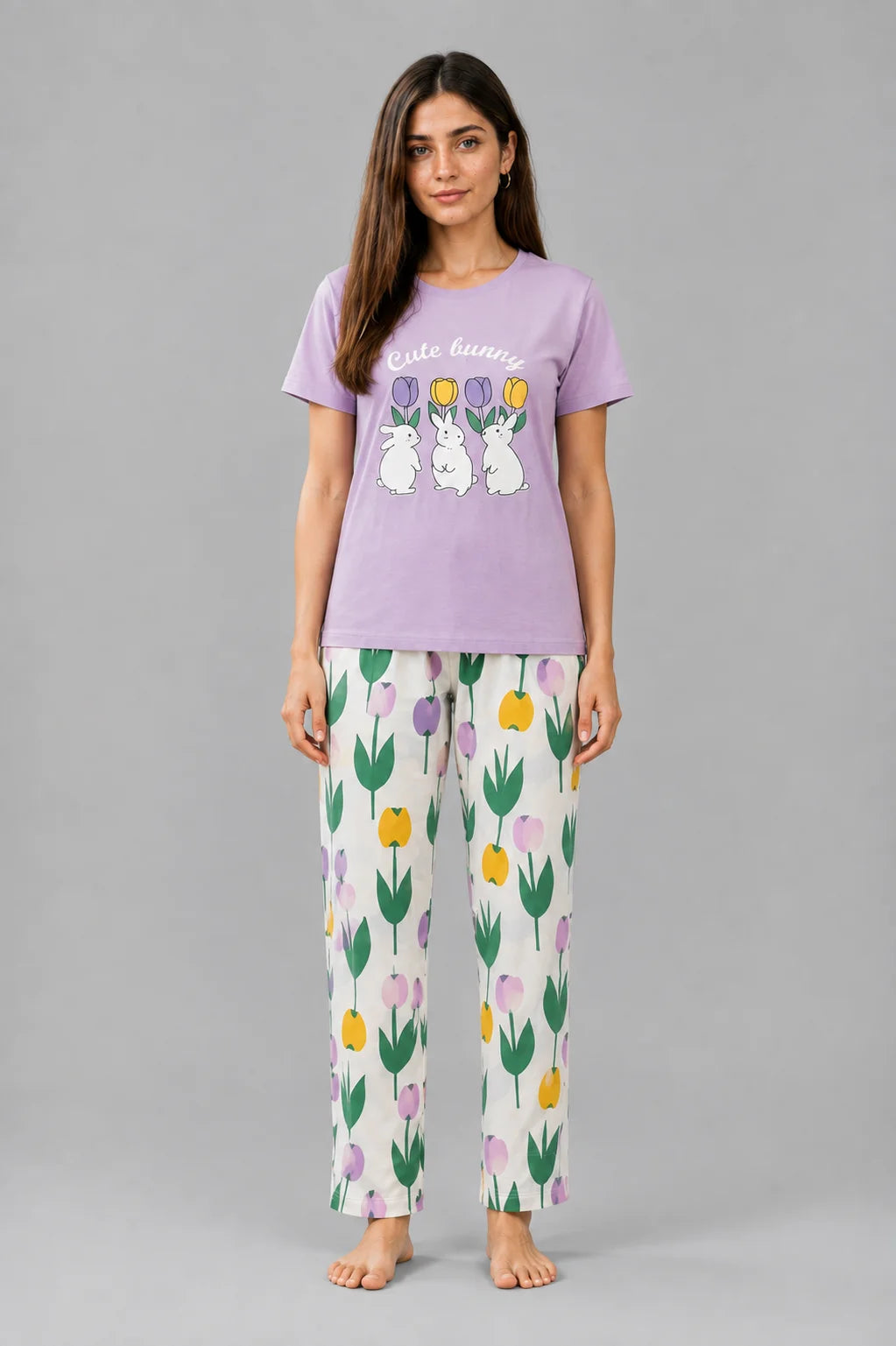 Women's Lavender Bunny Print Night Suit