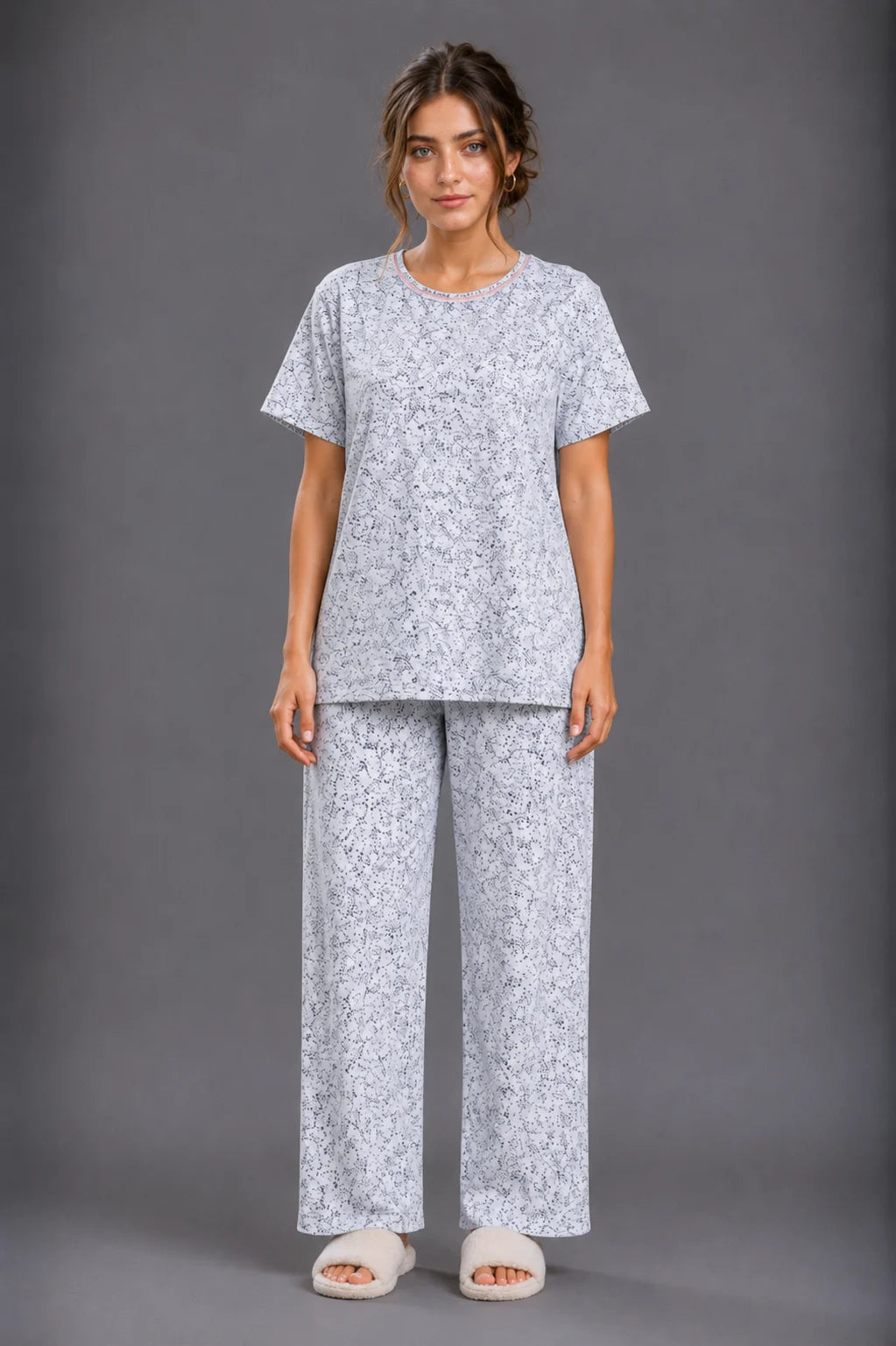 Women's Light Grey Floral Print  Cotton Jersey Night Suit