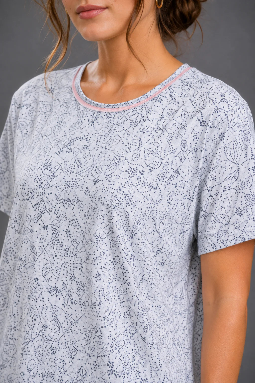Women's Light Grey Floral Print  Cotton Jersey Night Suit