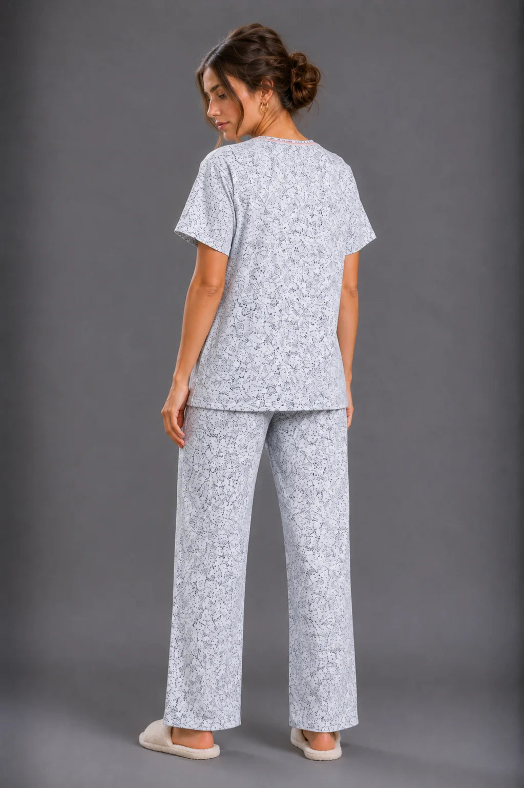 Women's Light Grey Floral Print  Cotton Jersey Night Suit