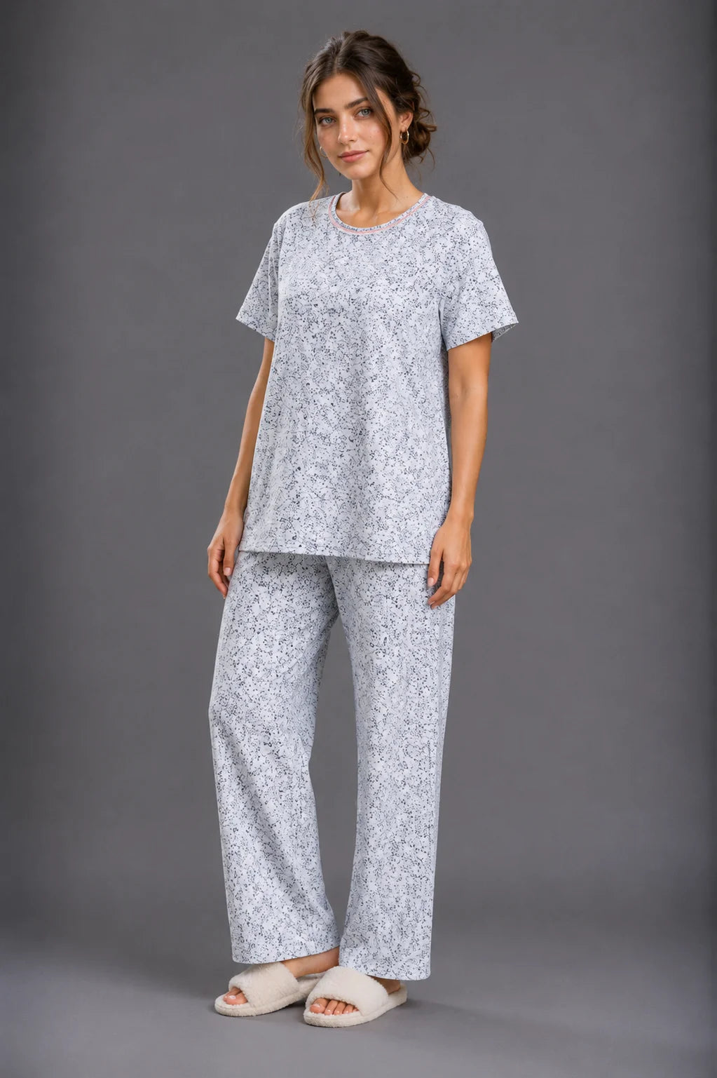 Women's Light Grey Floral Print  Cotton Jersey Night Suit
