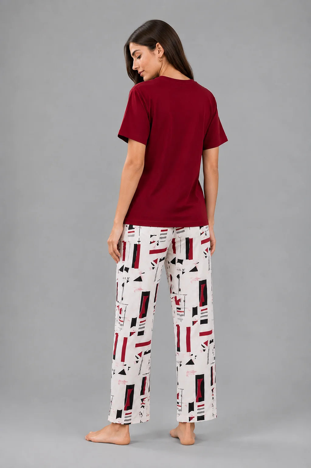 Women's Maroon Geometric Print Night Suit