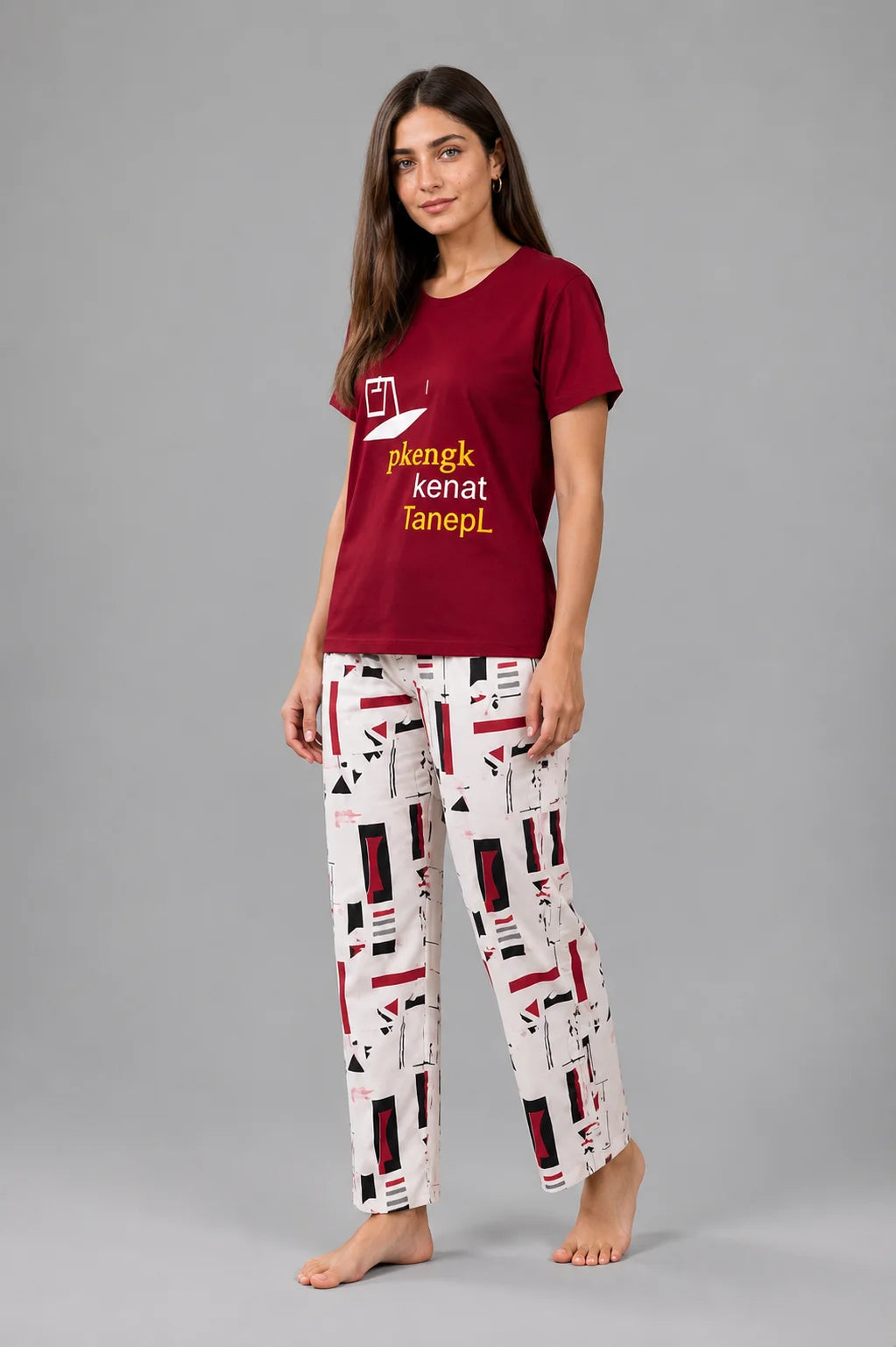Women's Maroon Geometric Print Night Suit