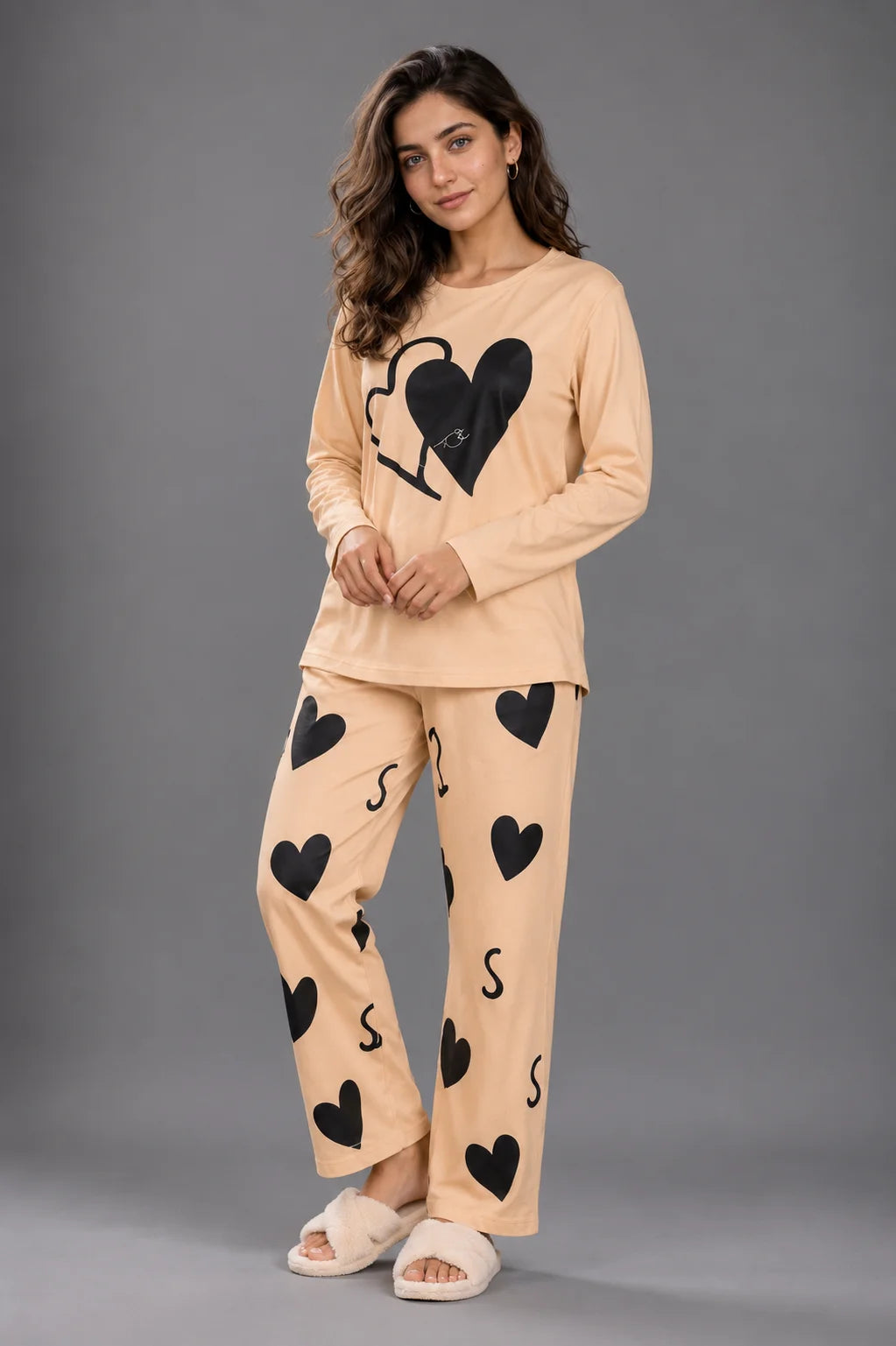 Women's Peach Heart Print Cotton Jersey Night Suit