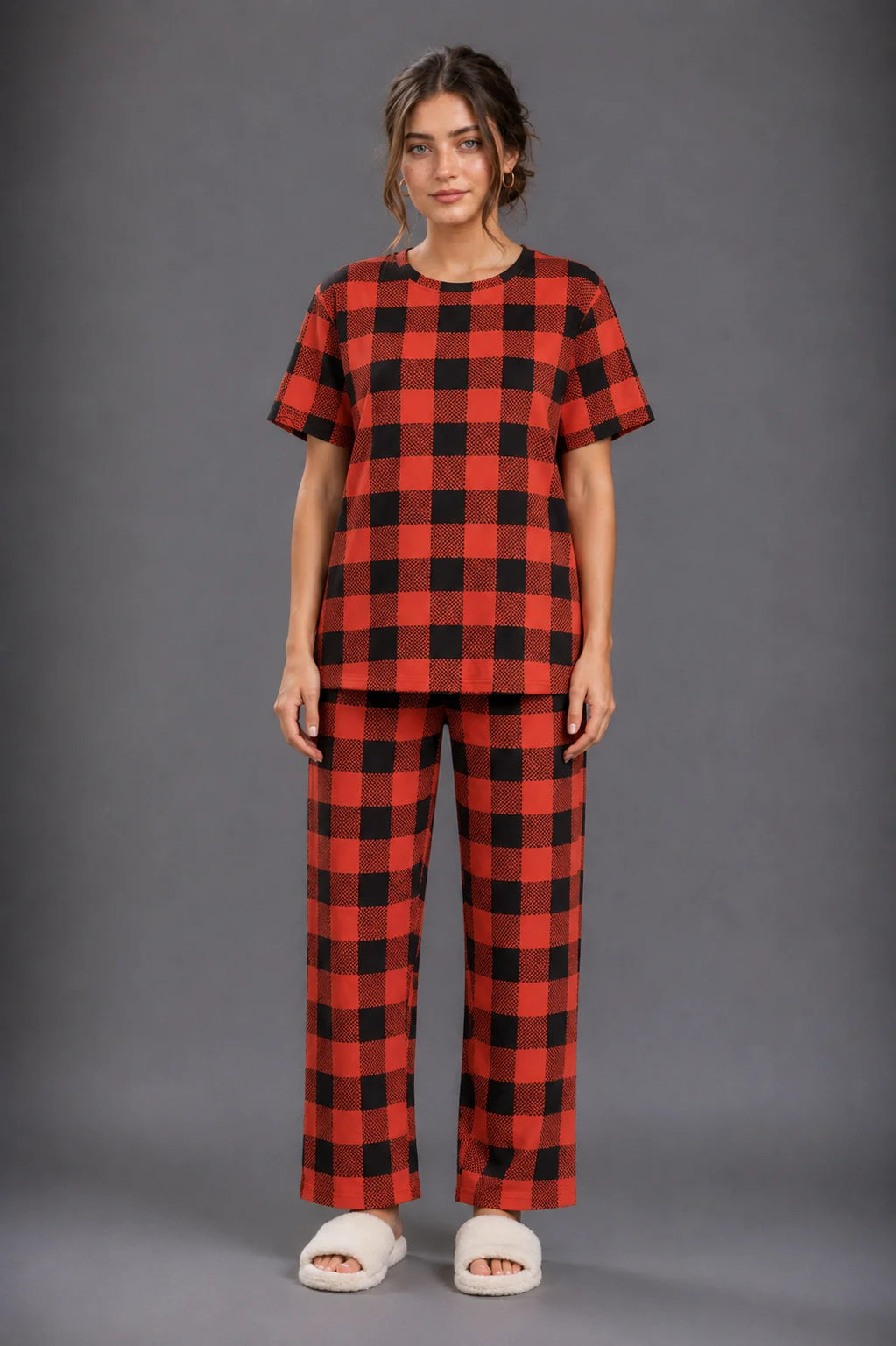 Women's Red & Black Check Print Night Suit