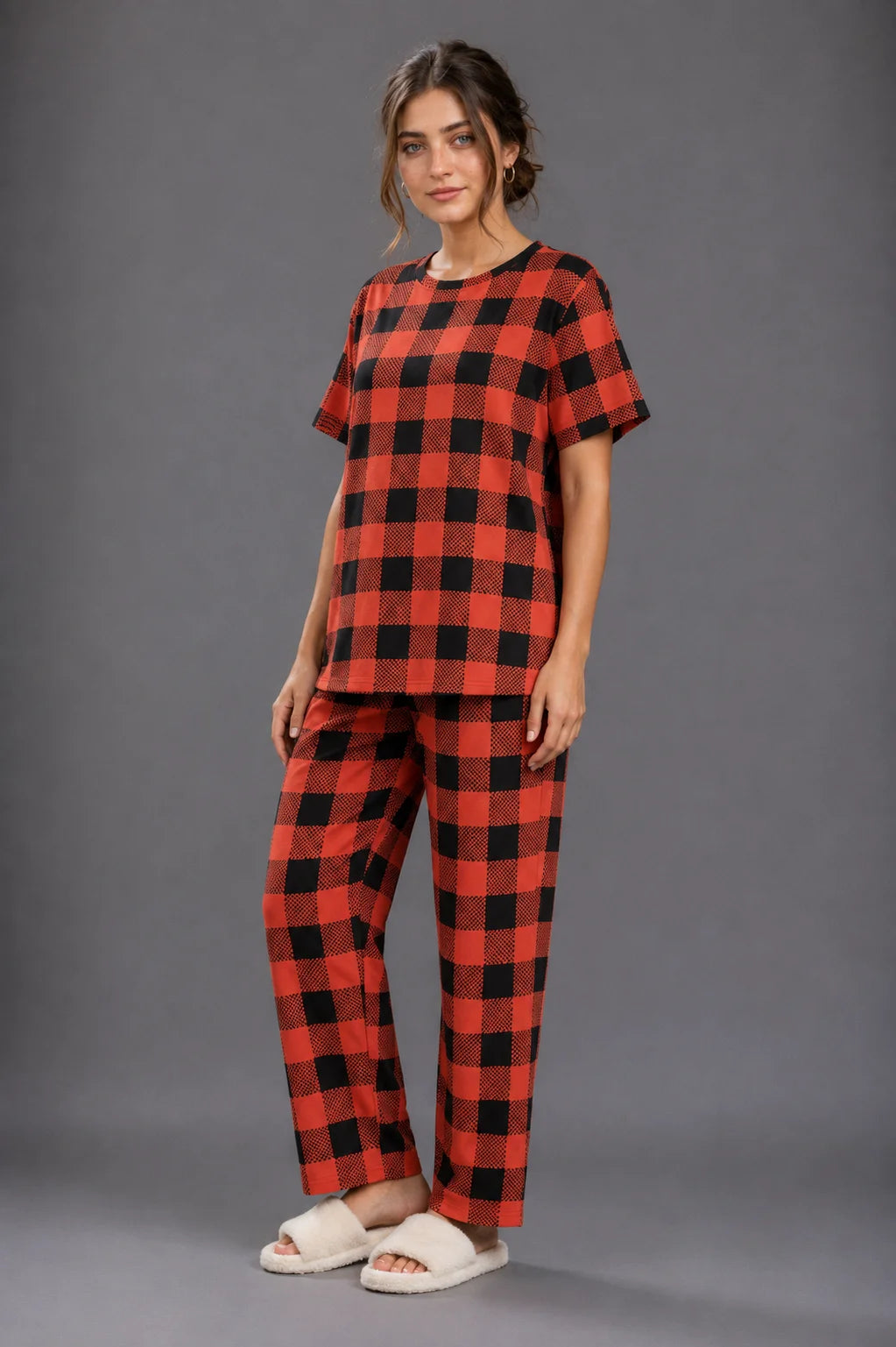 Women's Red & Black Check Print Night Suit