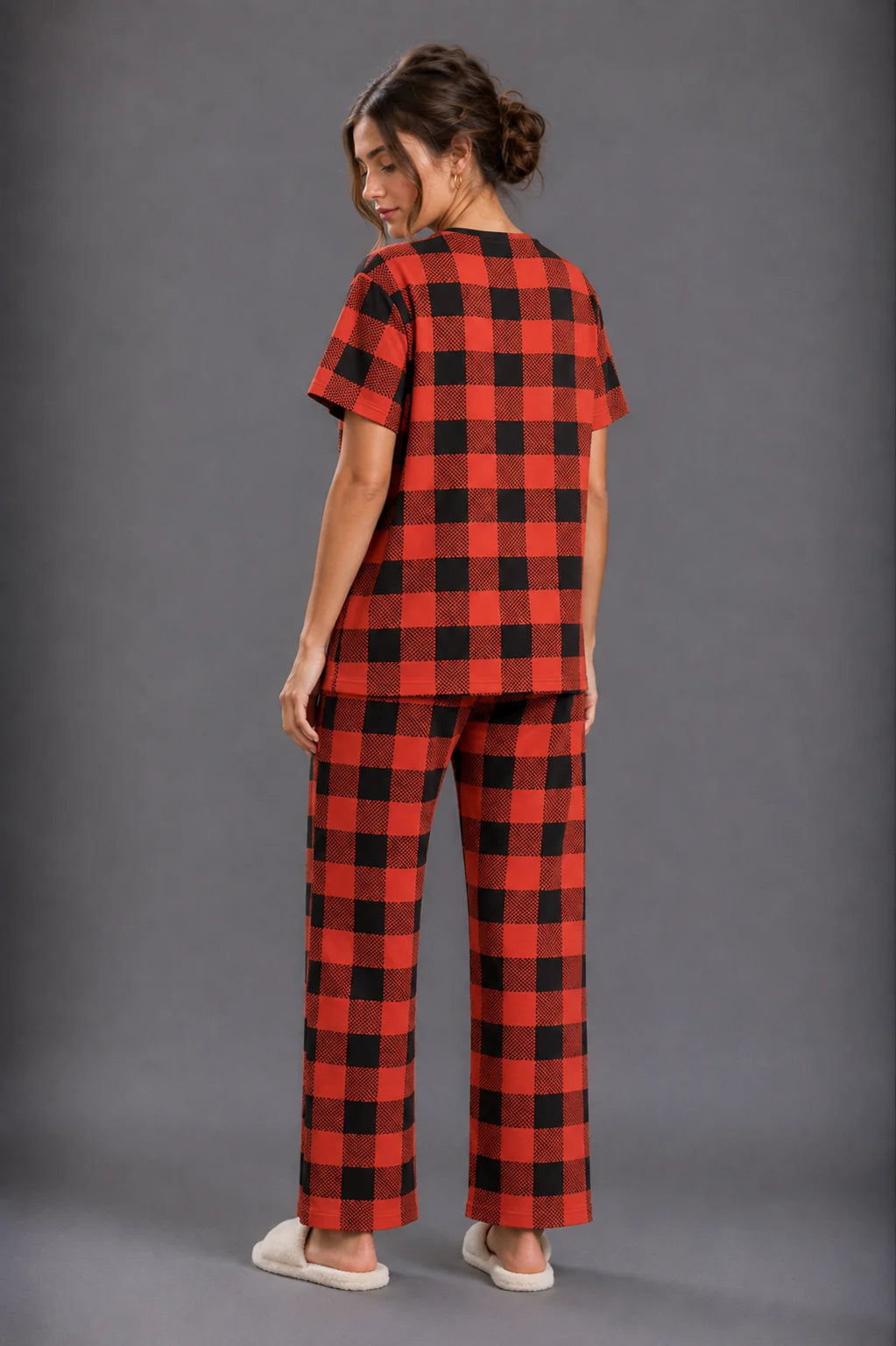 Women's Red & Black Check Print Night Suit