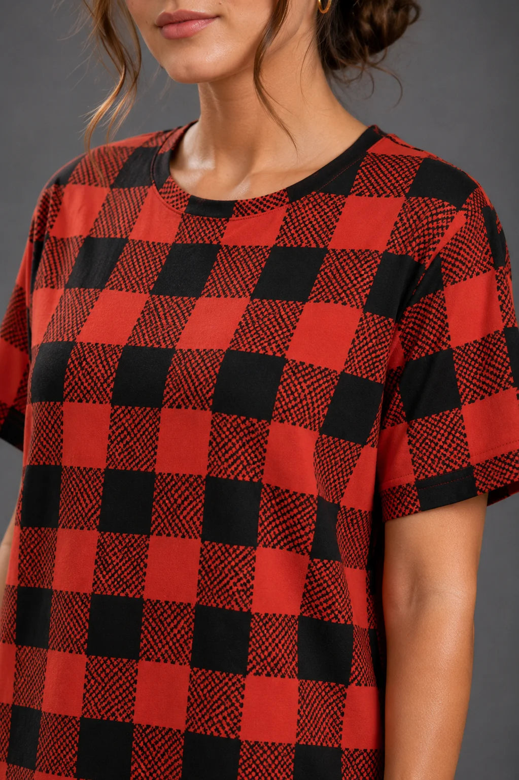 Women's Red & Black Check Print Night Suit