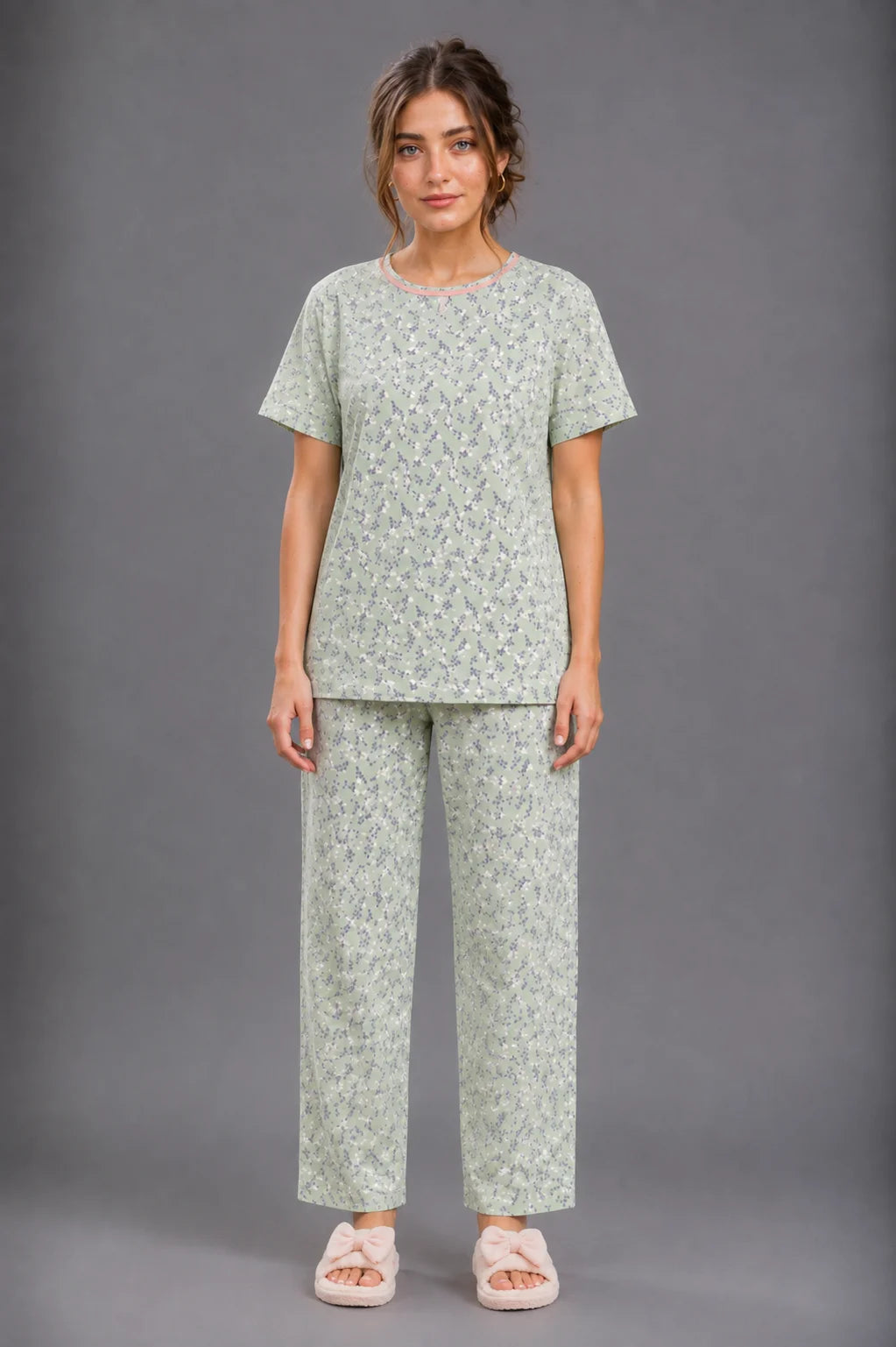 Women's Sage Green Floral Print Cotton Jersey Night Suit