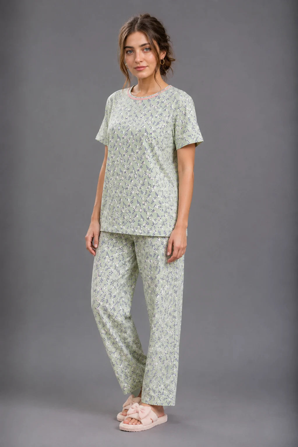 Women's Sage Green Floral Print Cotton Jersey Night Suit